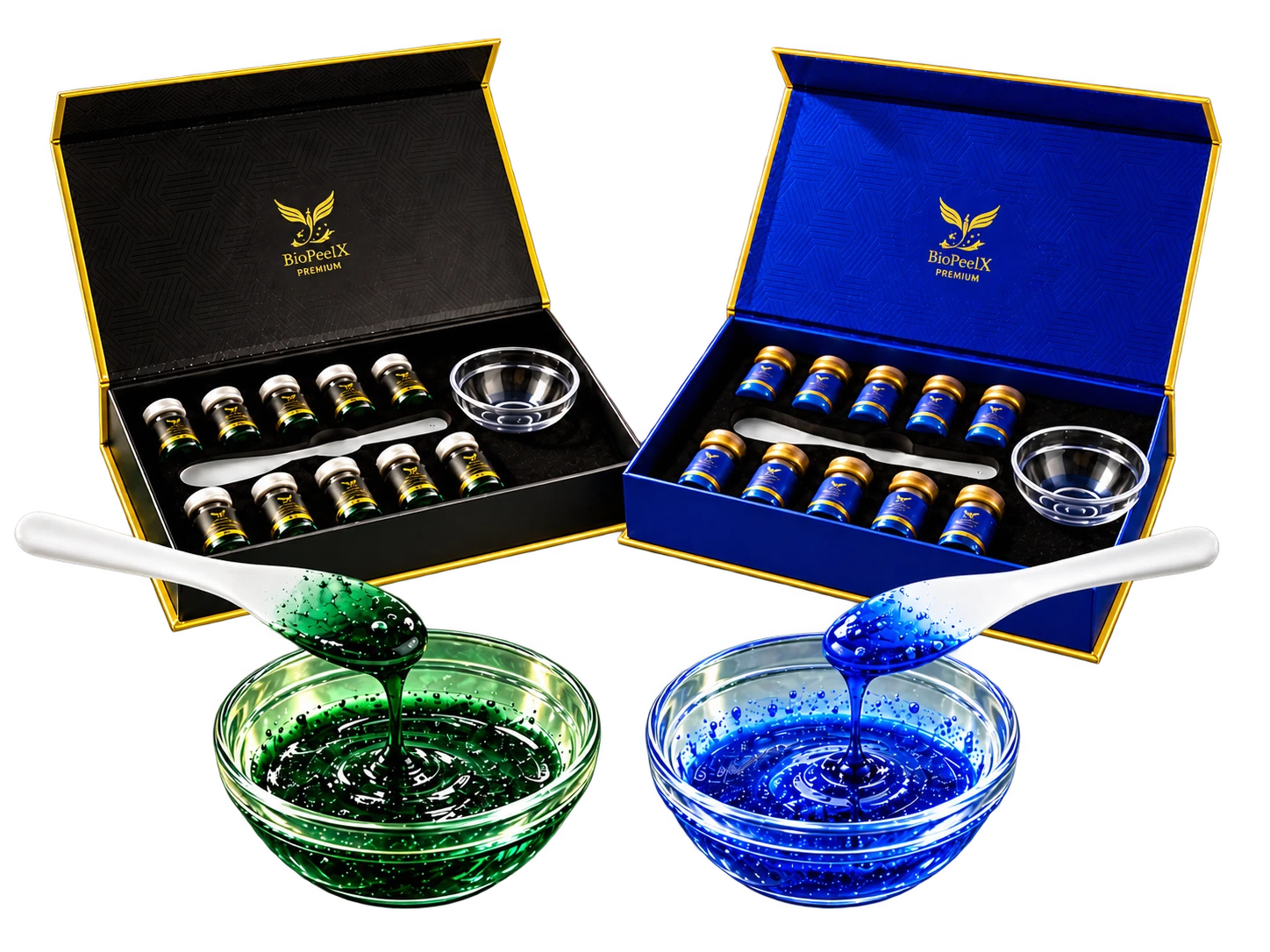 BiopeelX Premium und Blue Series mit grünen und blauen Pflegekomponenten