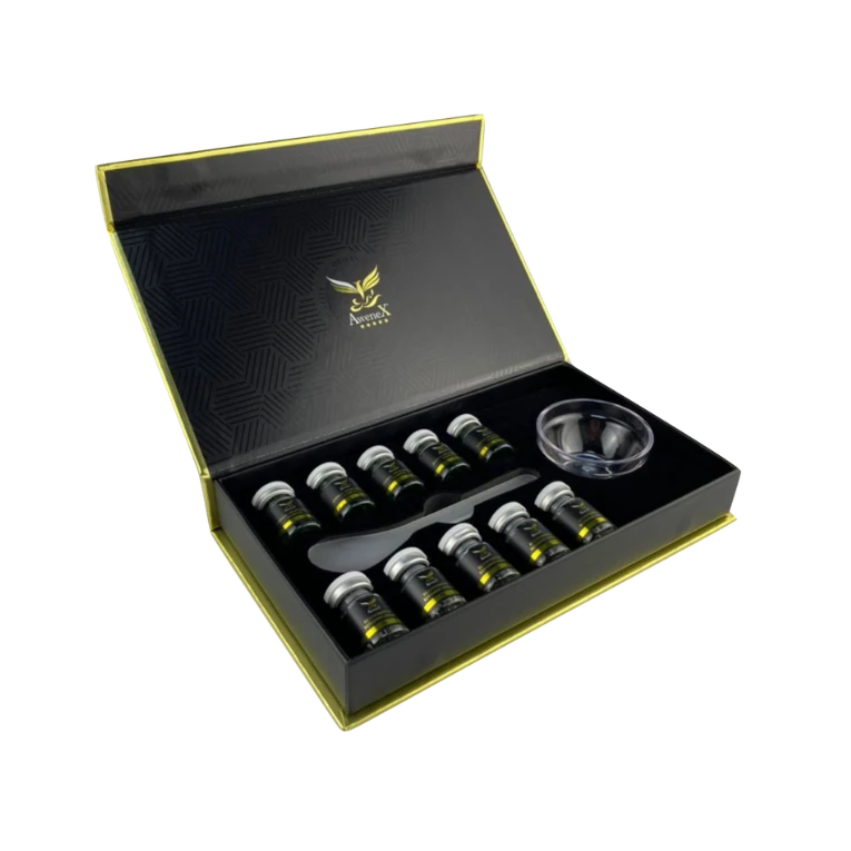 Geöffnetes BiopeelX Premium-Set mit Pulver, Liquid und Zubehör